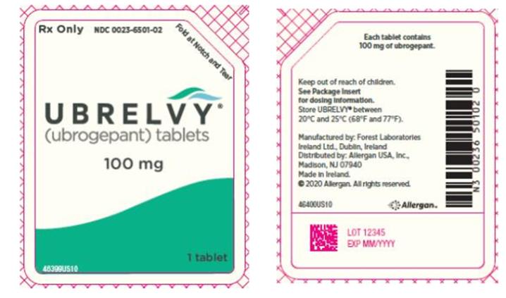 PRINCIPAL DISPLAY PANEL
Rx Only   NDC 0023-6501-02
Fold at Notch and Tear
UBRELVY®
(ubrogepant) tablets
100 mg
1 tablet


